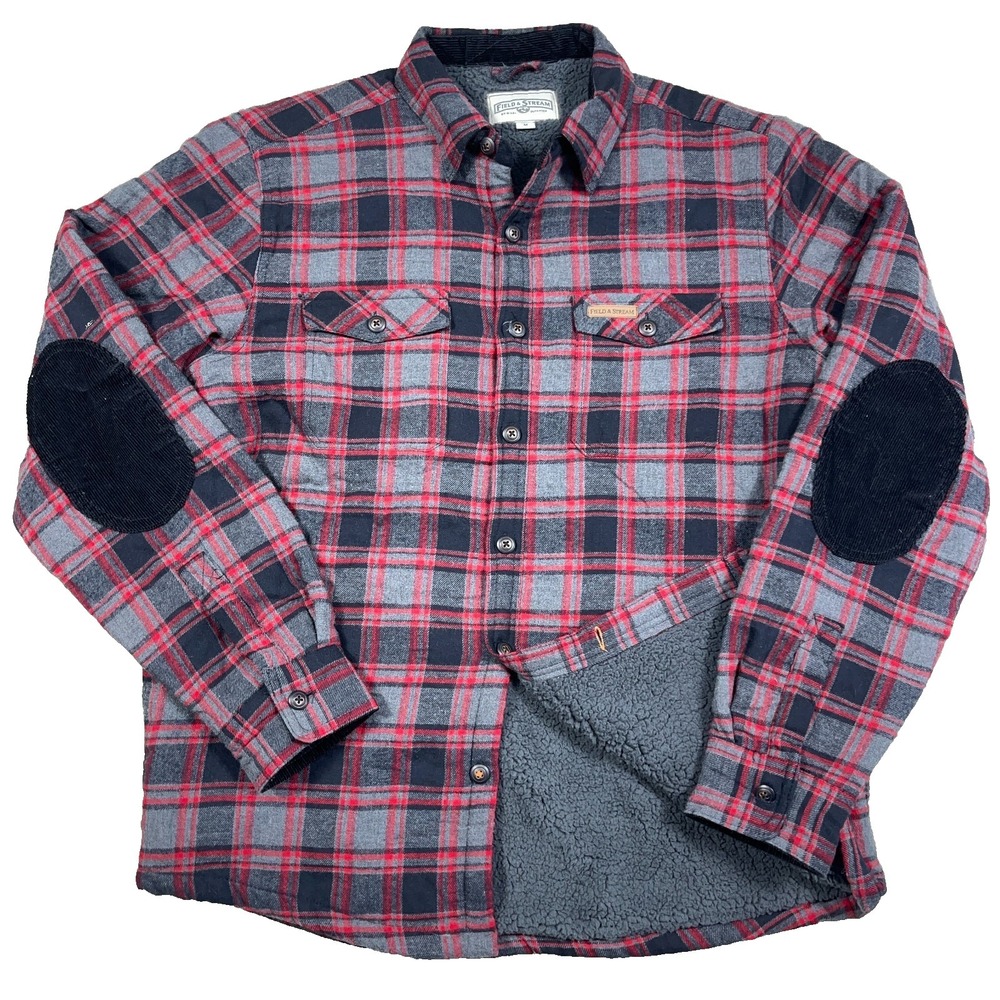 Field & Stream Shacket Men Medium Red Plaid Flannel Shirt Jacket Sherpa Lined